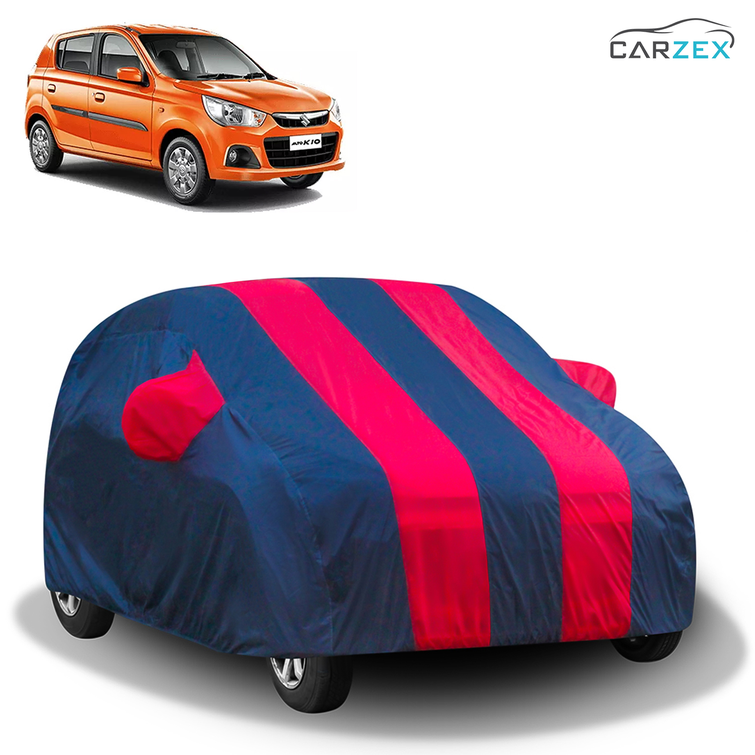 Carzex Stylish Red & Blue Stripes Car Body Cover with Mirror Pockets for Maruti Suzuki Alto K10